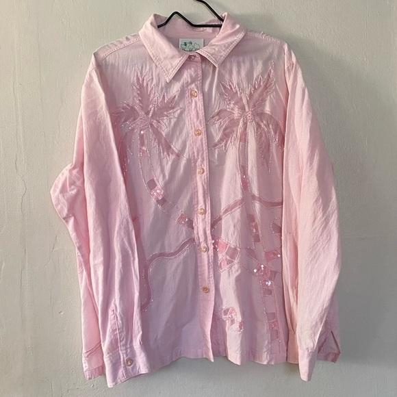 Quacker Factory Pink Palm Tree Sequin Button Up Shirt Women’s Plus Size 1X VTG - Picture 11 of 11